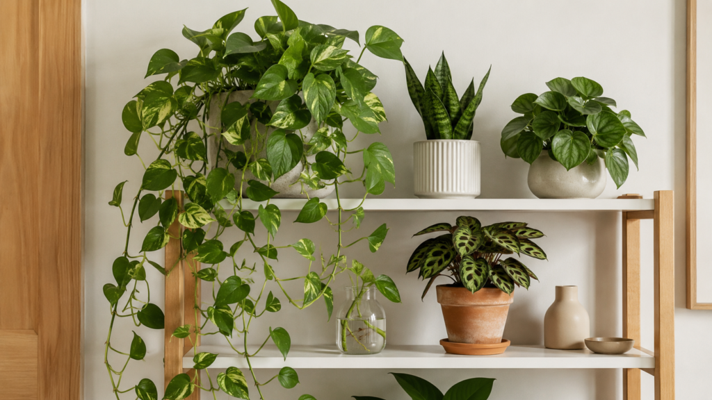 Plant-led shelf decor.