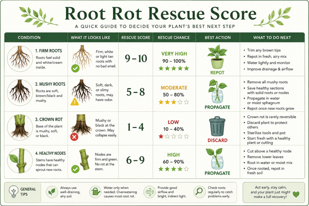 Root rot rescue score showing when to repot propagate or discard.