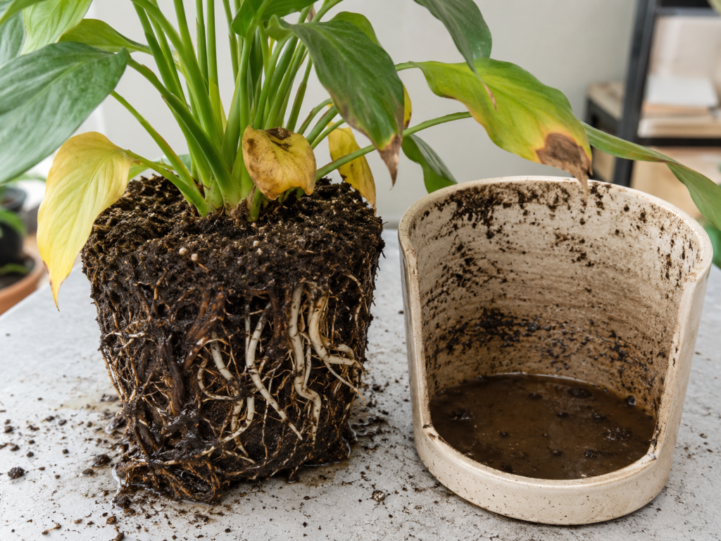 Overwatered plant roots.