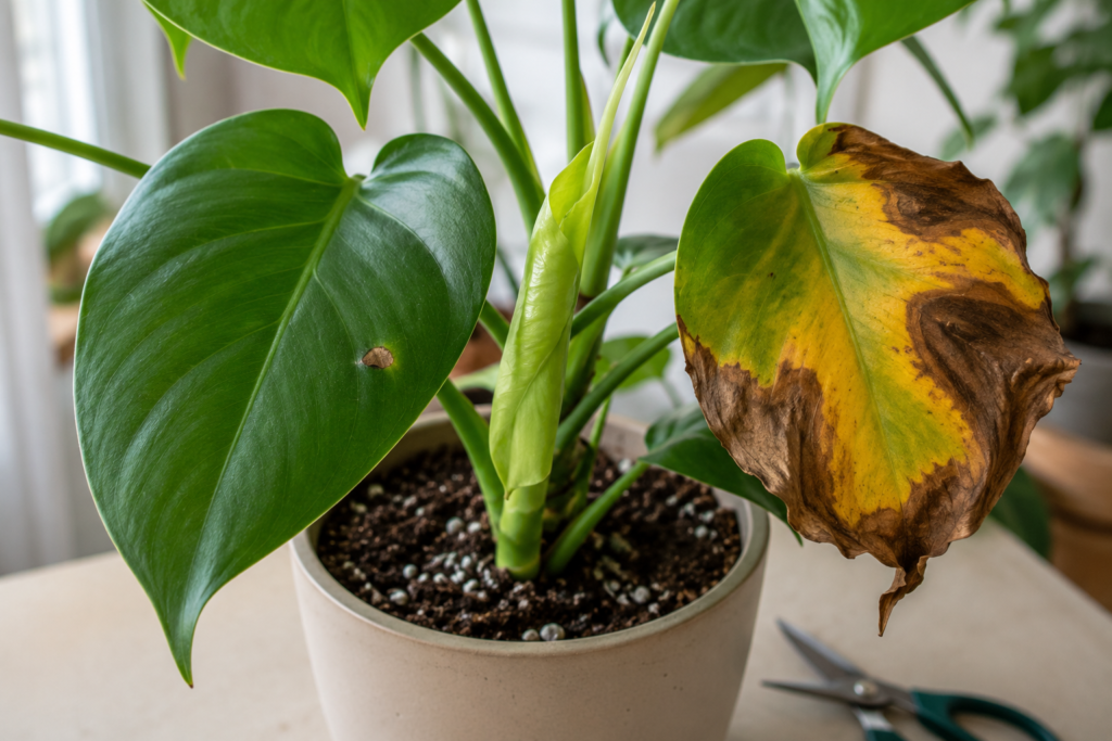 Pruning damaged leaves.