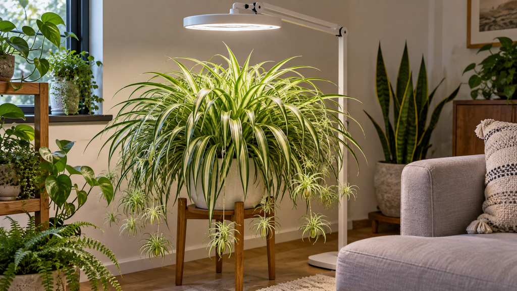 Spider plant growing under an adjustable LED grow light