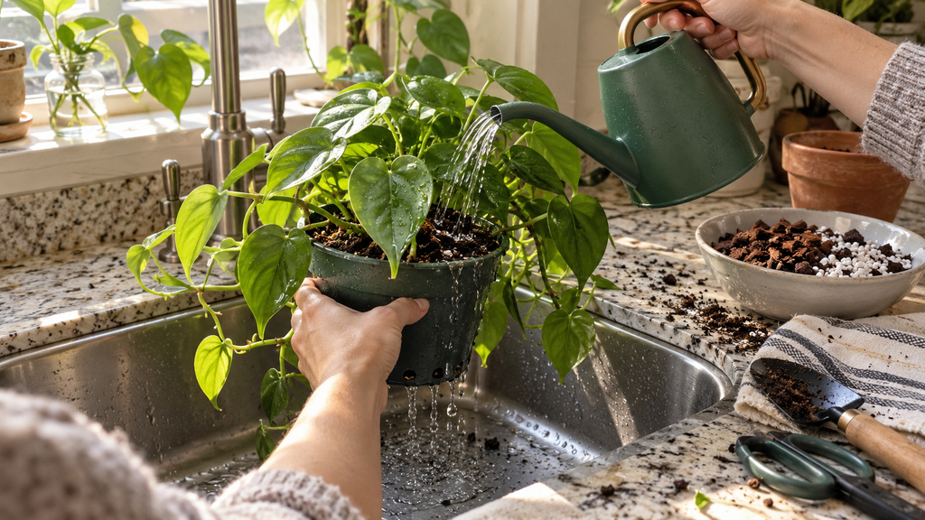 Watering a Philodendron