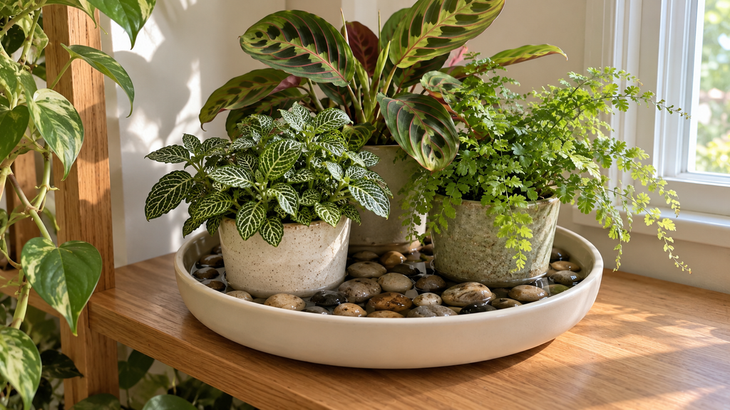 Plants on pebble tray