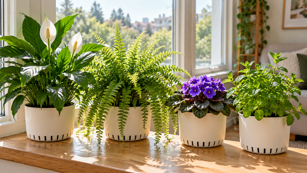 Plants in self-watering pots
