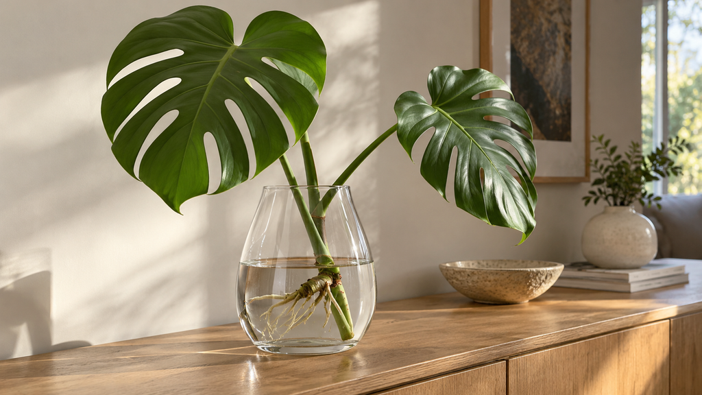 Monstera cutting in glass vase
