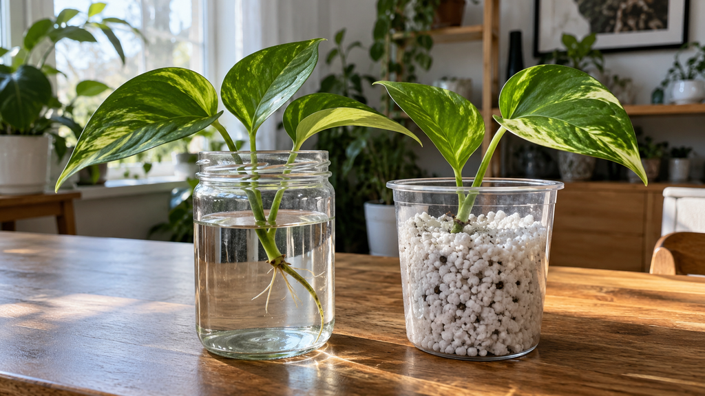 Pothos cuttings in water and perlite