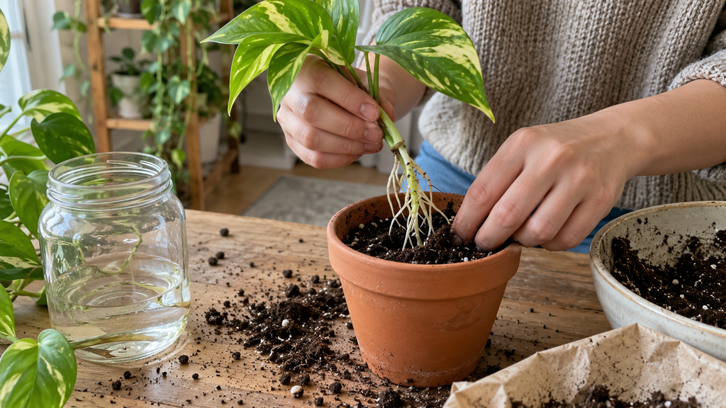 Transplanting rooted pothos cutting