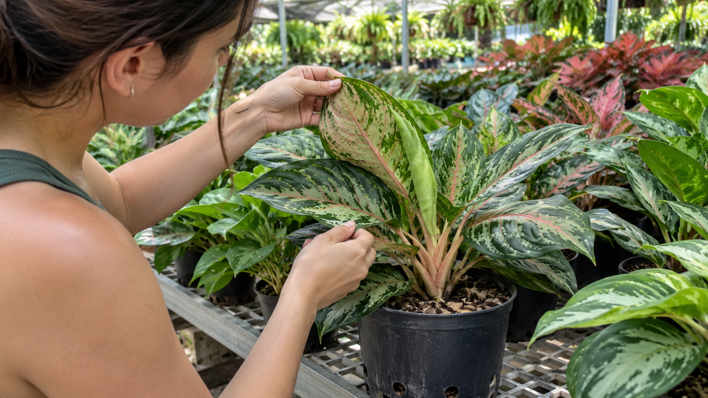 Inspecting Aglaonema at nursery