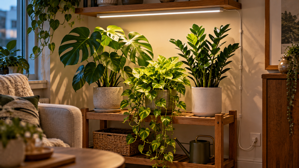 Low-light plant corner with LED grow light