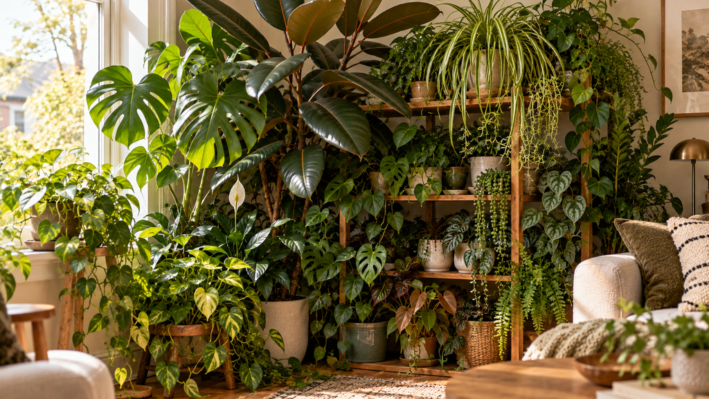 Overcrowded indoor plant corner