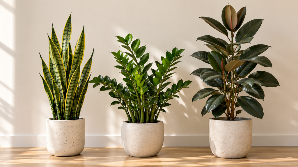 Snake plant, ZZ plant and rubber plant