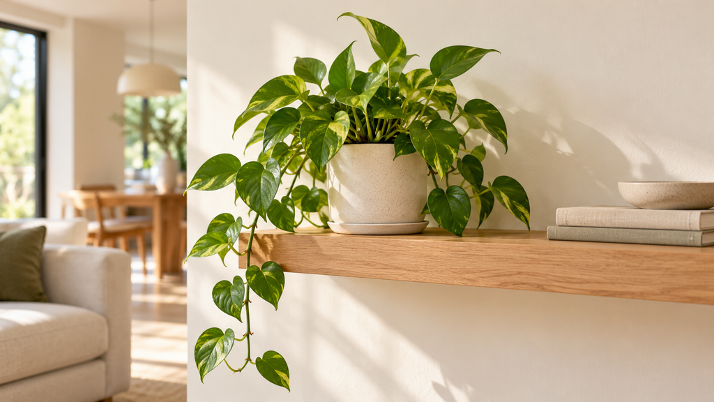 Trailing pothos on minimalist plant shelf