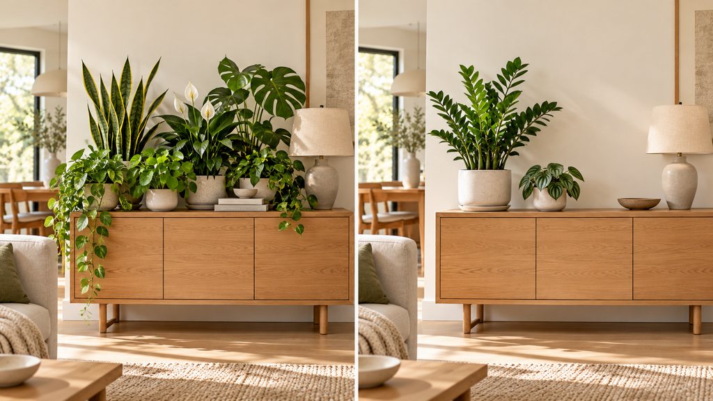 Crowded vs minimalist indoor plant arrangement