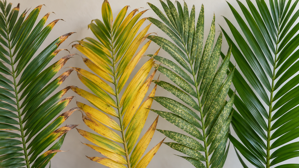 , yellow and damaged indoor palm leaves