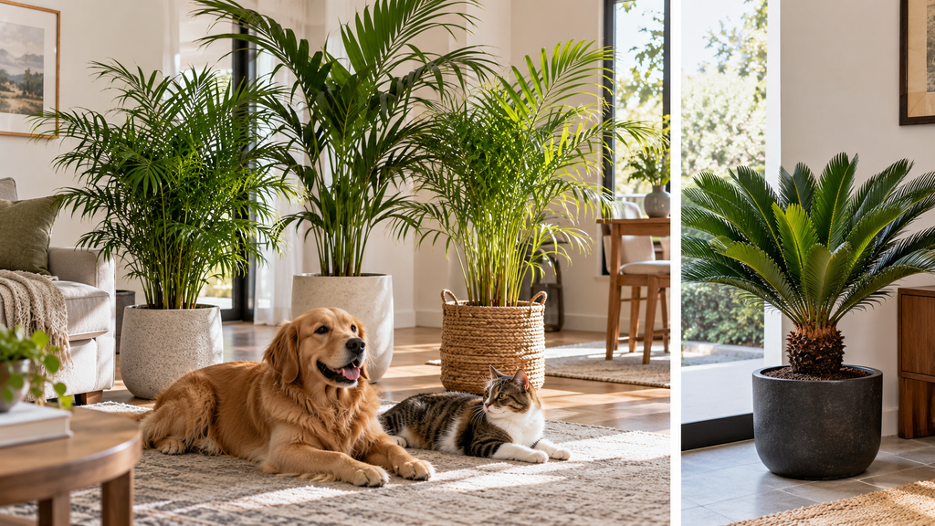 Pet-safe indoor palms with a cat and dog