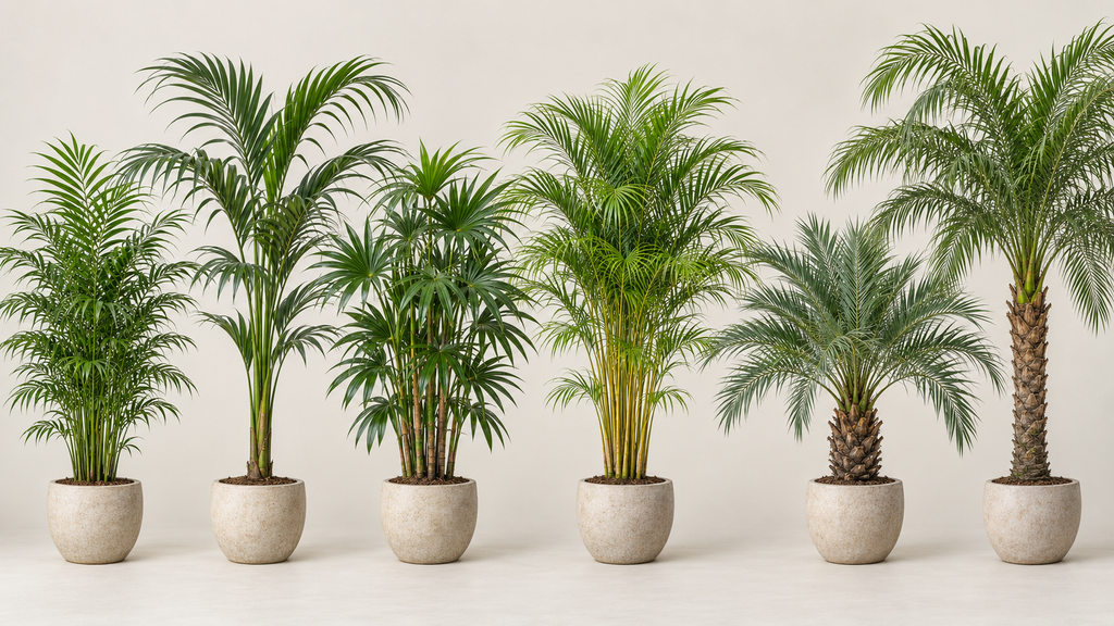 Six indoor palm plants for identification