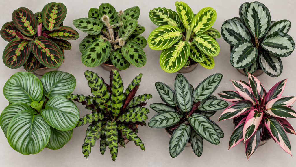 Different prayer plant types including Maranta, Orbifolia, Ctenanthe and Stromanthe