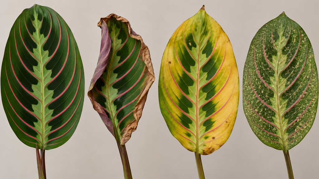 Prayer plant leaves showing healthy growth, curling, yellowing and spider mite damage