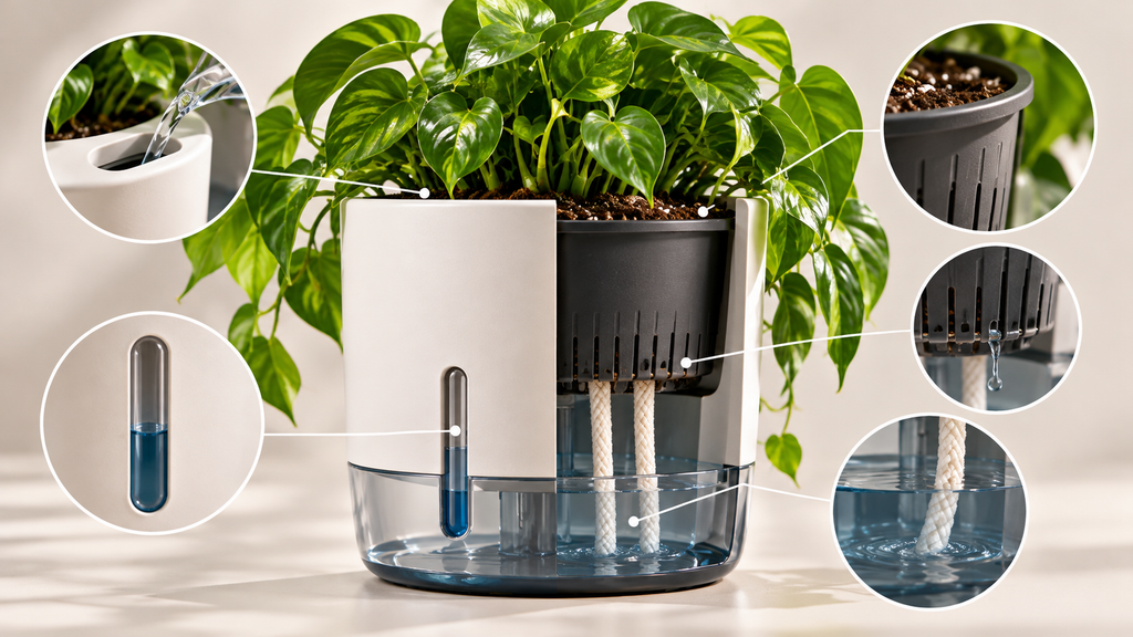 Self-watering pot features