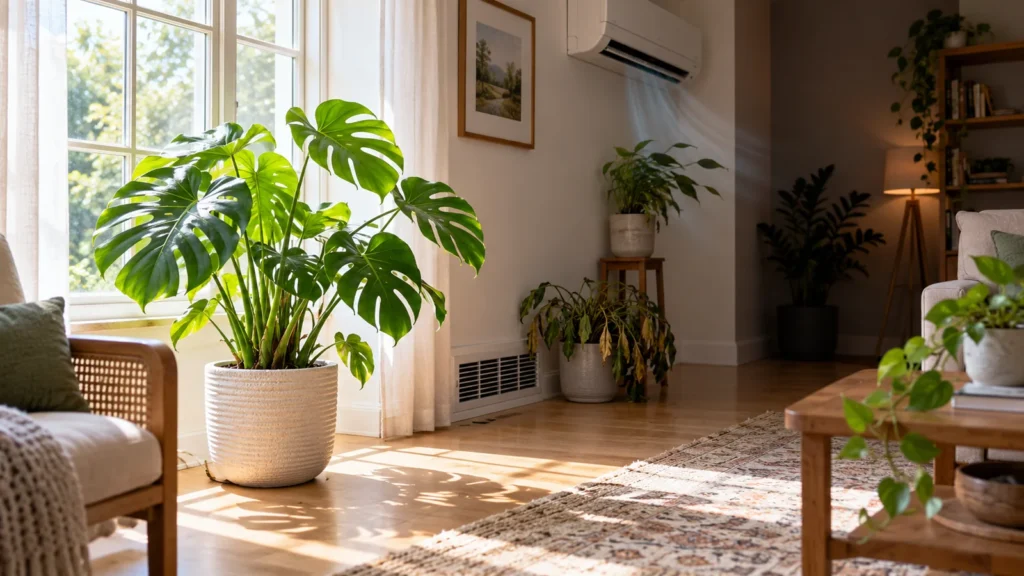 Bright window placement away from vents and drafts