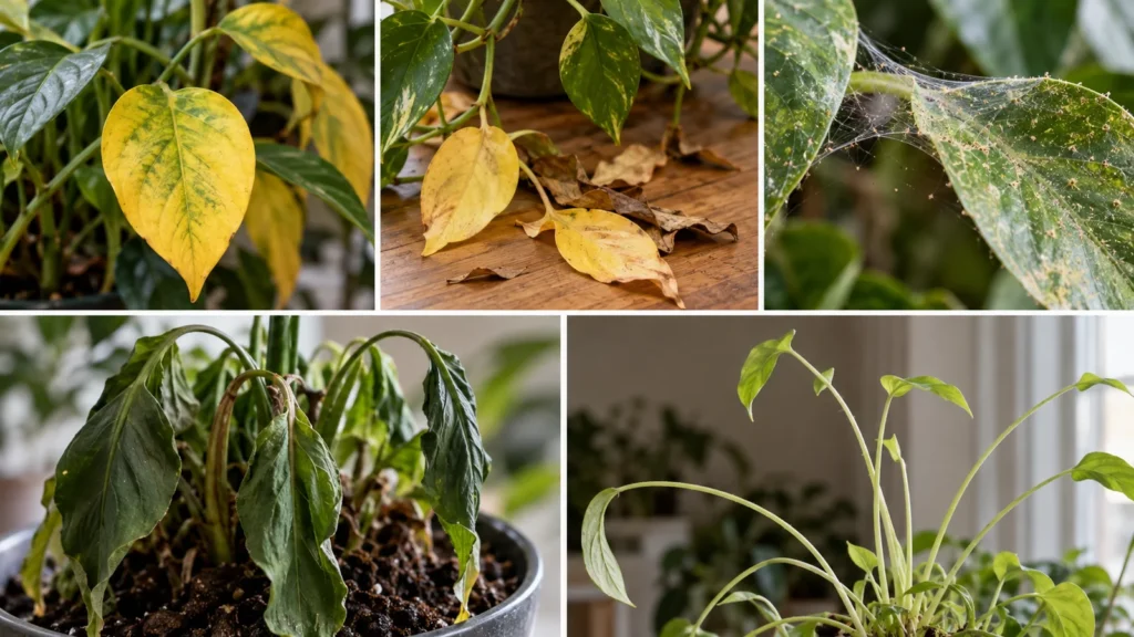 Yellow leaves, leaf drop, mites, wilt and leggy growth
