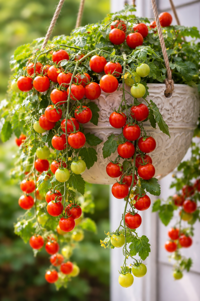 Tumbling tomato variety in hanging planter