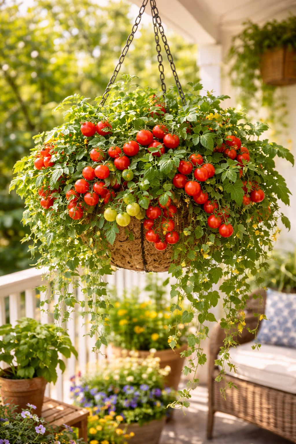 Hanging tomato plants growing in basket on balcony