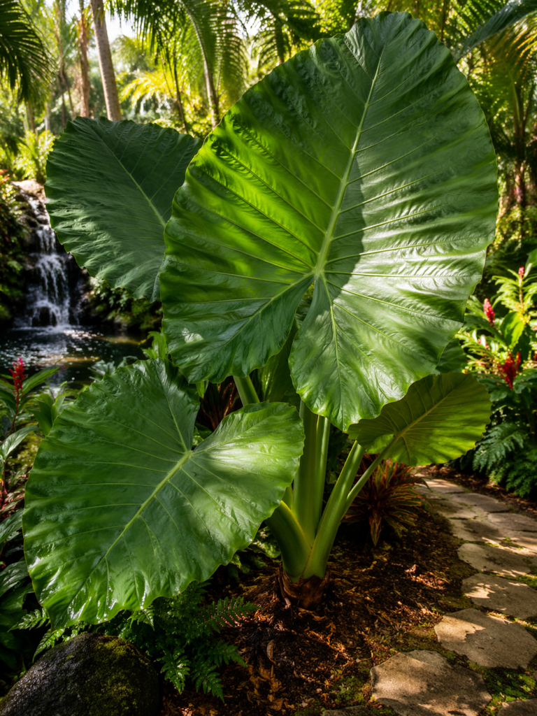 Elephant ear plant with large tropical leaves