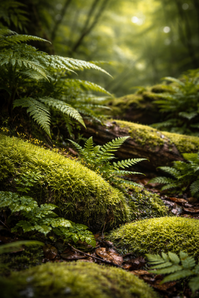Moss and fern forest plants close-up