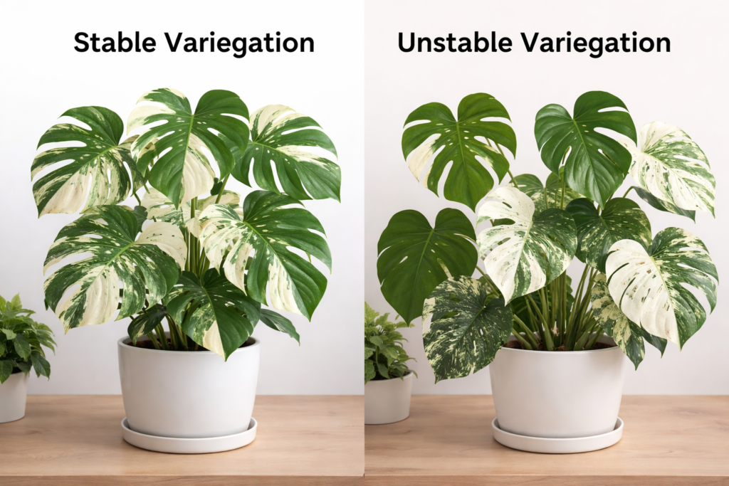 Side-by-side image of two variegated Monstera plants: the left shows stable variegation with balanced green and white patterns, while the right shows unstable variegation with uneven, patchy coloration.

