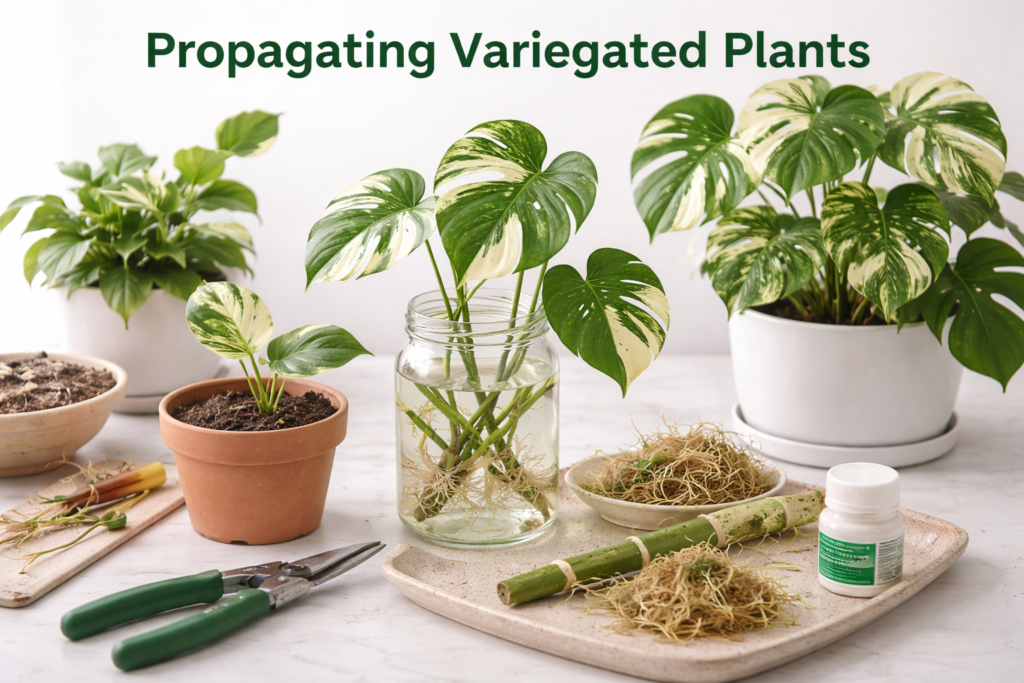 Variegated plant cuttings propagating in a glass jar of water, surrounded by pots, soil, moss, and gardening tools on a clean workspace.
