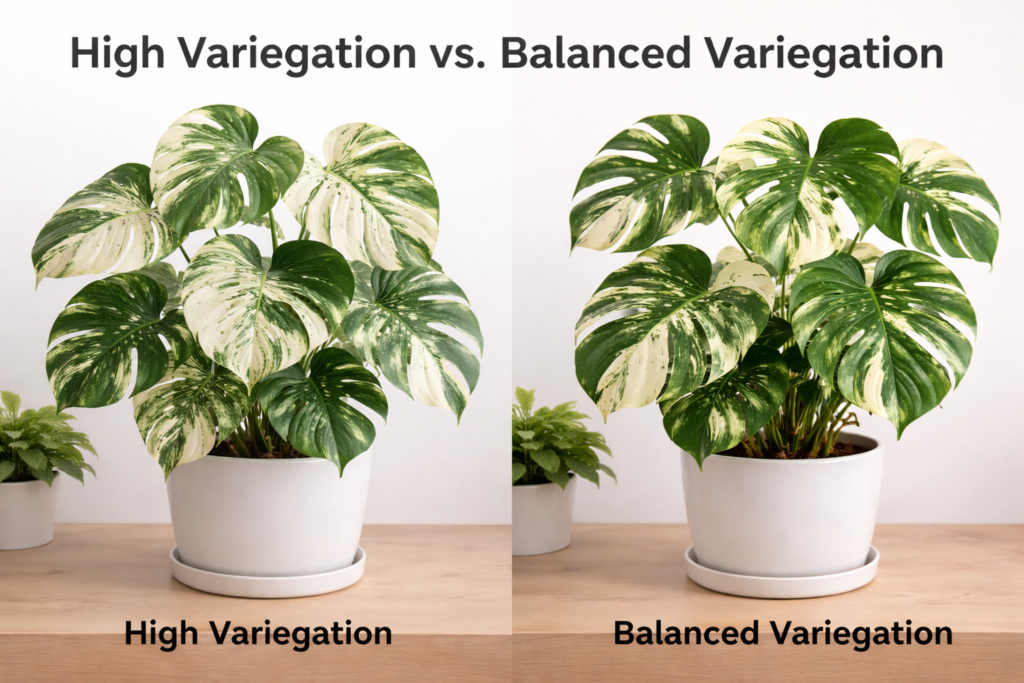 Side-by-side comparison of two variegated Monstera plants: one with high variegation showing large white areas, and the other with balanced variegation showing an even mix of green and white leaves.
