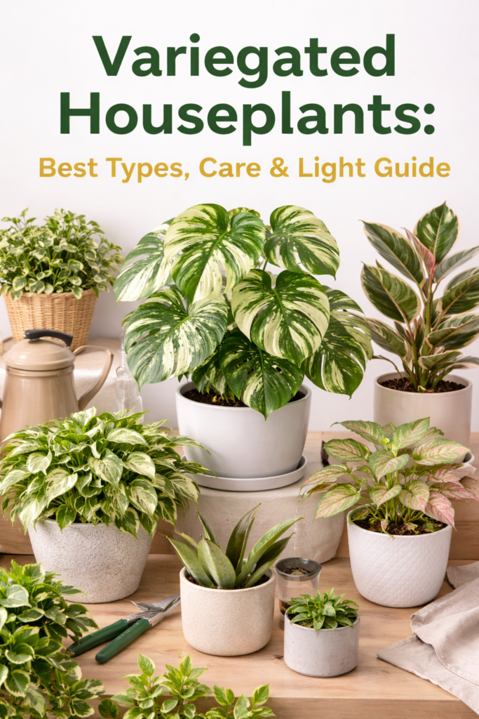Collection of variegated houseplants arranged on a table with the title “Variegated Houseplants: Best Types, Care & Light Guide” displayed above.