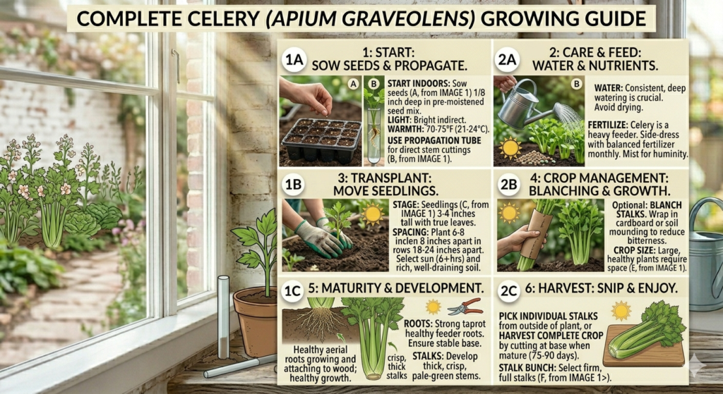 A concise, six-panel illustrated infographic detailing the celery life cycle from indoor seed starting to final harvest.