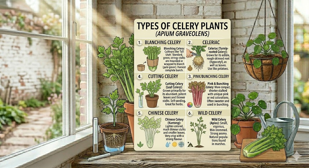 An illustrated chart identifying six types of celery plants, including Blanching, Celeriac, and Chinese celery, displayed on a rustic windowsill with potted plants.