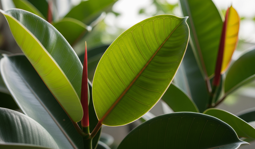 Rubber Plant (Ficus elastica) is a striking and fast-growing indoor plant 