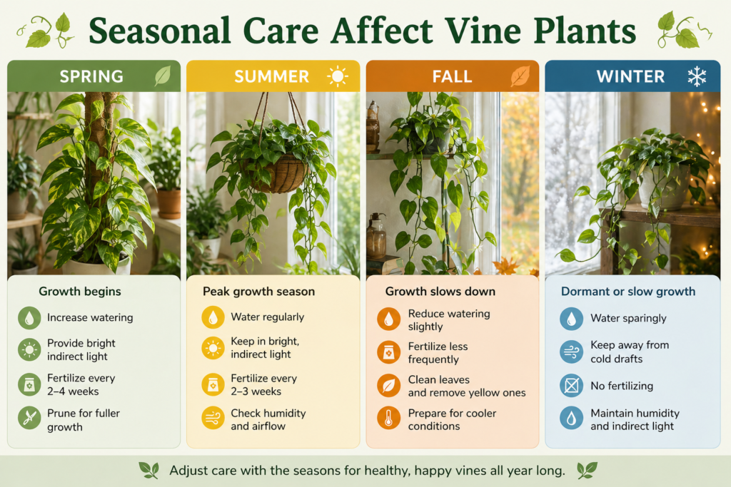 Seasonal care guide for vine plants showing how watering, light, pruning, and feeding change in spring, summer, fall, and winter.
