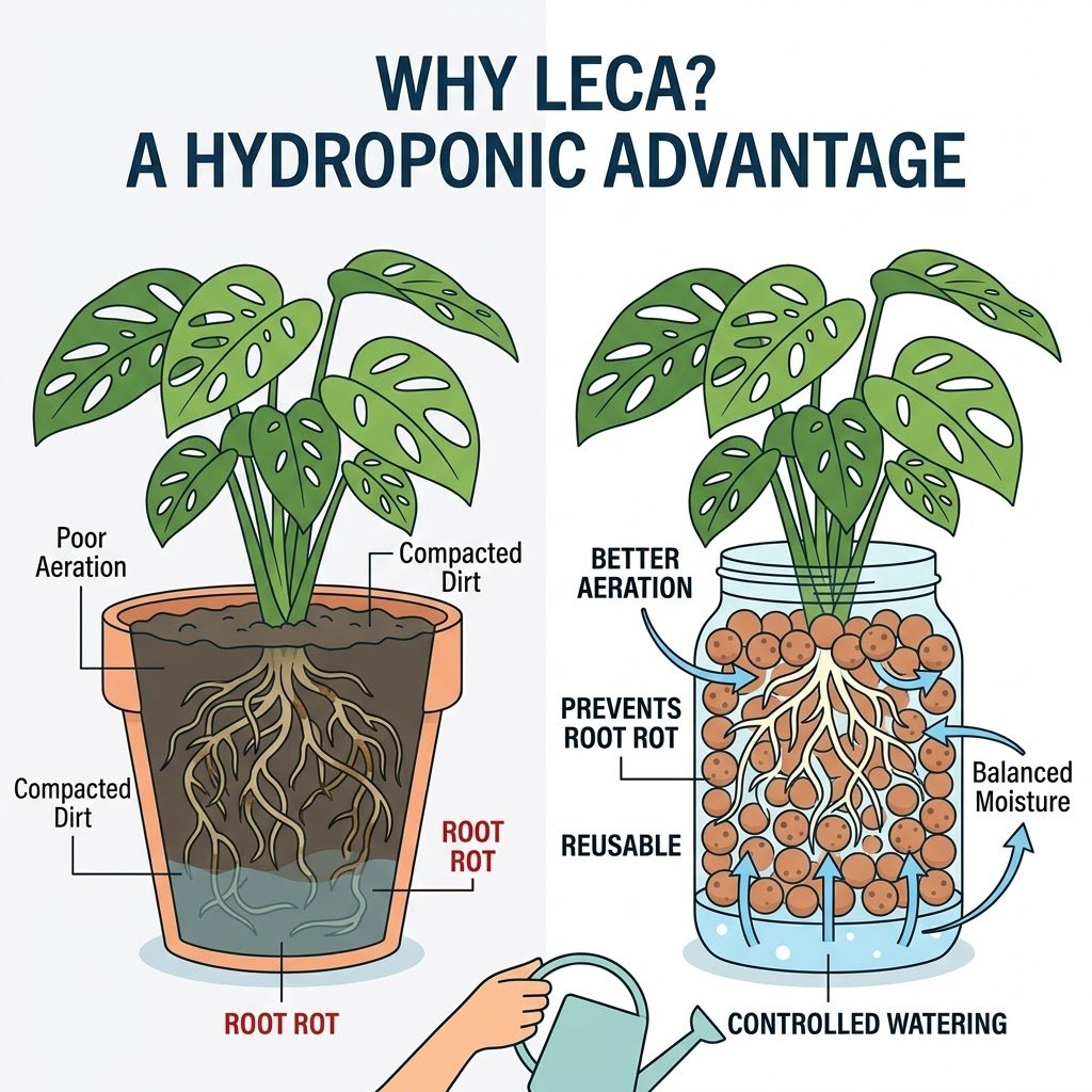 A side-by-side illustration compares soil vs. LECA: the soil plant shows compacted dirt, poor aeration, and root rot, while the LECA plant highlights airy clay pebbles, healthy roots, and controlled watering.