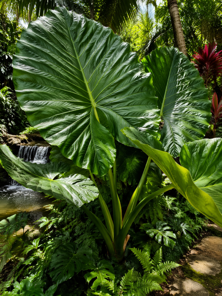 Elephant ear plant growing in tropical environment