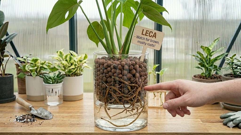 Close-up of a houseplant in a glass container with LECA and a visible water reservoir, highlighting dark, unhealthy roots behind the glass. A small sign warns to watch for brown, mushy roots, with a greenhouse setting in the background.
