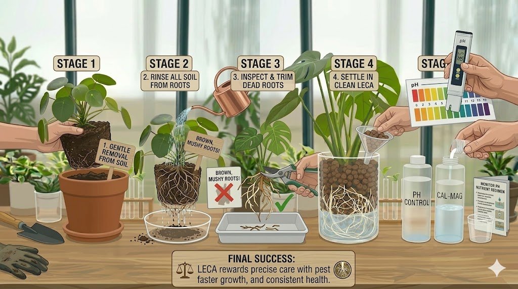 Step-by-step illustration showing how to transfer a plant from soil to LECA, including cleaning roots, trimming rot, and placing the plant in clay pebbles. The final stage highlights proper setup with water, nutrients, and pH control for healthy growth.
