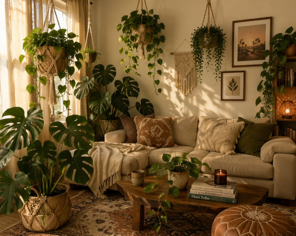 Boho plants in living room decor