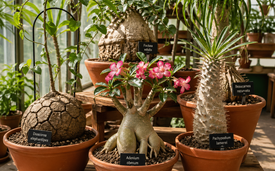 Rare caudex plants in terracotta pots with swollen trunks, displayed in natural greenhouse sunlight.