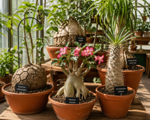 Rare caudex plants in terracotta pots with swollen trunks, displayed in natural greenhouse sunlight.