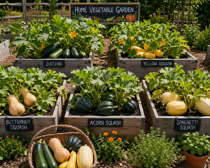 A productive home vegetable garden with raised beds growing zucchini, yellow squash, butternut, acorn, and spaghetti squash.