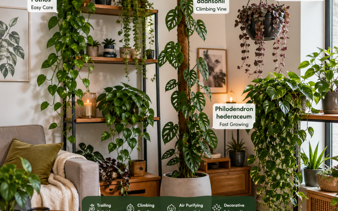 Indoor vine plants styled on shelves and hanging baskets in a modern living room.