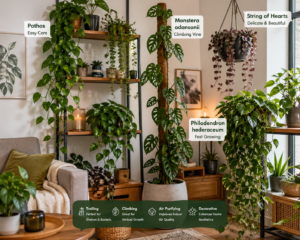 Indoor vine plants styled on shelves and hanging baskets in a modern living room.