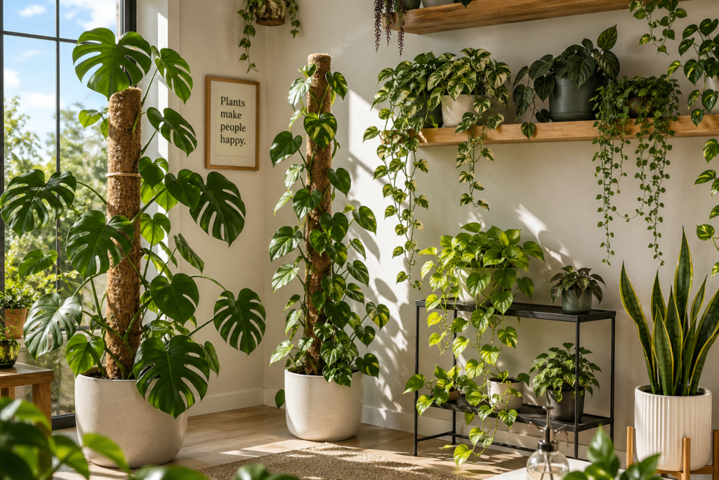 Indoor vine plants climbing and trailing in a bright sunlit plant room.