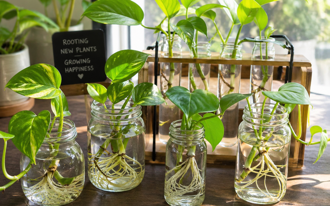 Indoor pothos and philodendron vine cuttings rooting in glass jars with healthy white roots, placed in a bright sunlit propagation station.
