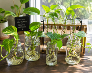 Indoor pothos and philodendron vine cuttings rooting in glass jars with healthy white roots, placed in a bright sunlit propagation station.